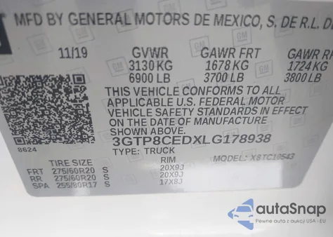 2020 GMC Sierra 1500 2Wd Short Box Elevation z USA, uszkodzony, nr VIN 3GTP8CEDXLG178938